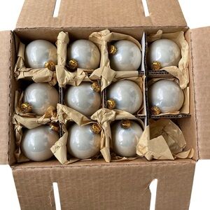 Vintage Boxed Magic Holiday Glass White Gloss Pearl Finish Ornaments 11 Piece